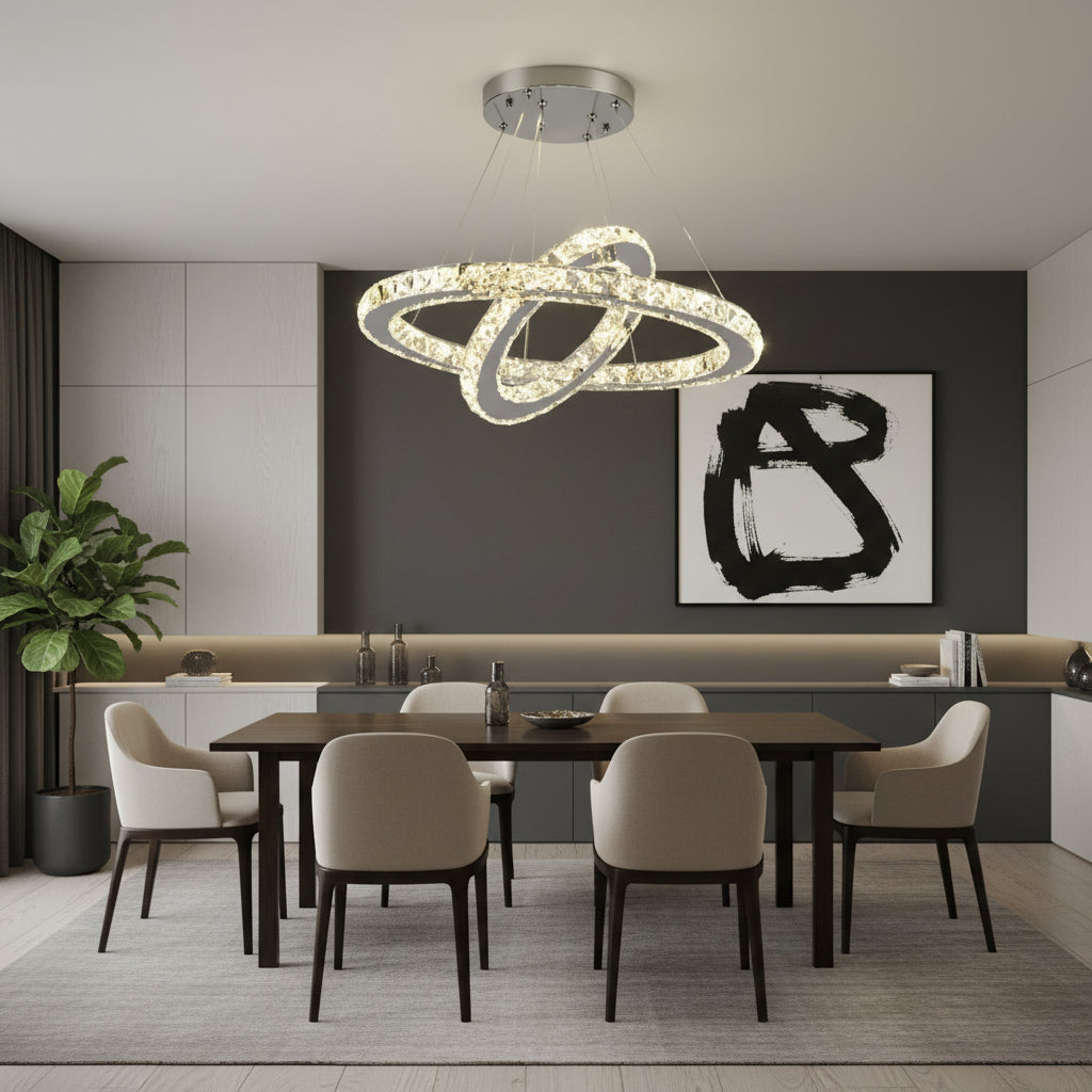 LED полилей с дистанционно управление и кристал PRISM LUMINIS 58W, 2 кръга, студена/топла/неутрална светлина, димиране, хром и бяло, регулируема височина LED полилеи с дистанционно управление Заглавие по подразбиране Alessandro Design