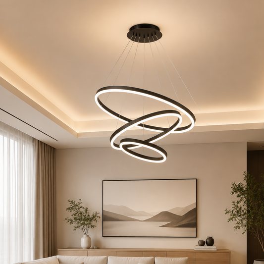 Окачен LED полилей с дистанционно управление CASIANA 85W, 3 кръга, Студена/Топла/Неутрална светлина, Димируем, Черен, Регулируема височина LED полилеи с дистанционно управление Заглавие по подразбиране Alessandro Design