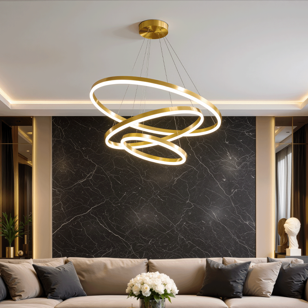 Окачен LED полилей с дистанционно управление ELIZABETH, 85W, 3 кръга, Студена/Топла/Неутрална светлина, Димируем, Блестящо злато, Регулируеми по височина LED полилеи с дистанционно управление Заглавие по подразбиране Alessandro Design