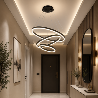 Окачен LED полилей с дистанционно управление CASIANA 85W, 3 кръга, Студена/Топла/Неутрална светлина, Димируем, Черен, Регулируема височина LED полилеи с дистанционно управление Заглавие по подразбиране Alessandro Design