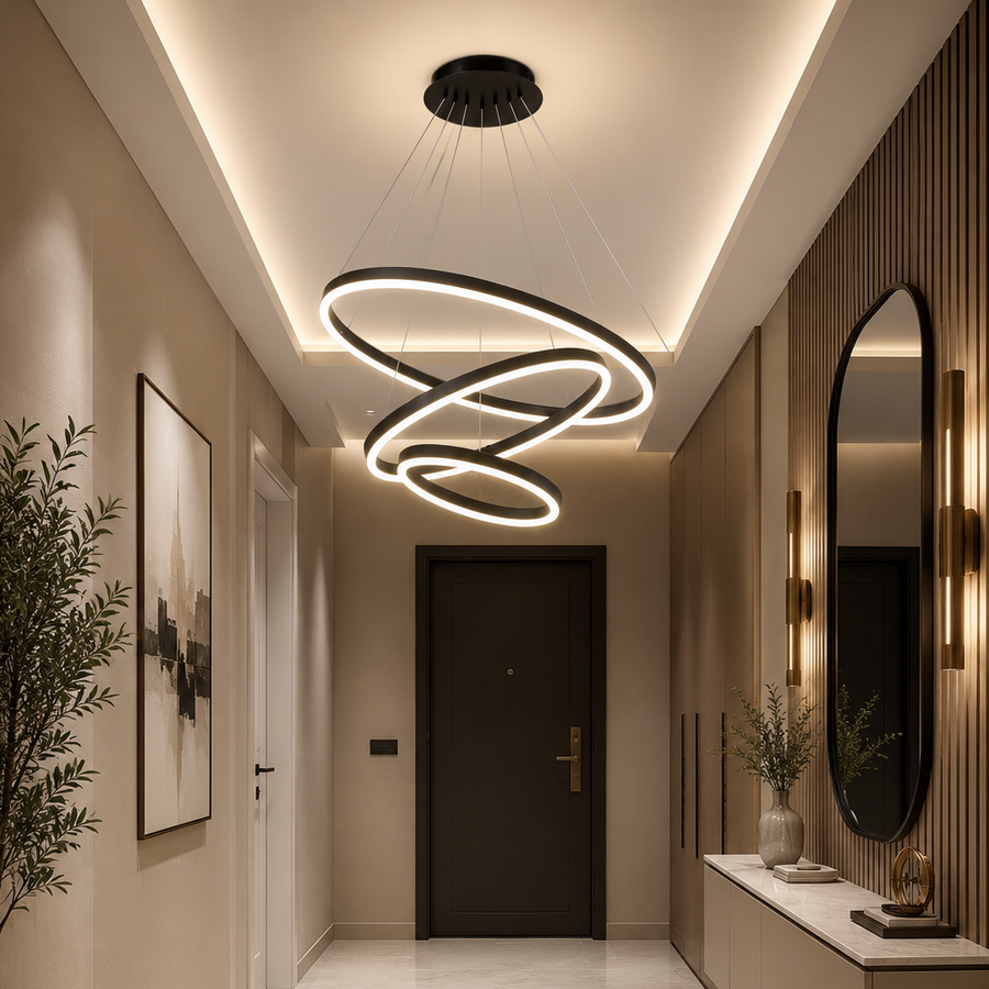 Окачен LED полилей с дистанционно управление CASIANA 85W, 3 кръга, Студена/Топла/Неутрална светлина, Димируем, Черен, Регулируема височина LED полилеи с дистанционно управление Заглавие по подразбиране Alessandro Design