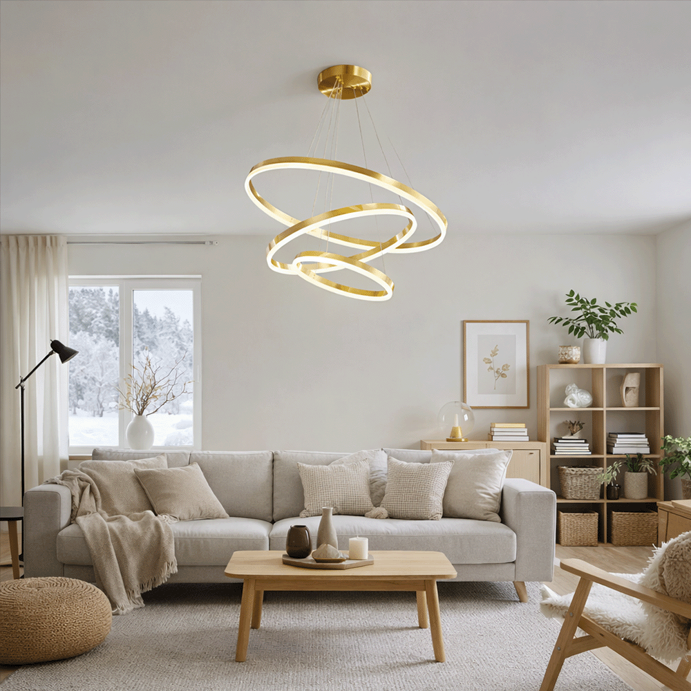 Окачен LED полилей с дистанционно управление ELIZABETH, 85W, 3 кръга, Студена/Топла/Неутрална светлина, Димируем, Блестящо злато, Регулируеми по височина LED полилеи с дистанционно управление Заглавие по подразбиране Alessandro Design