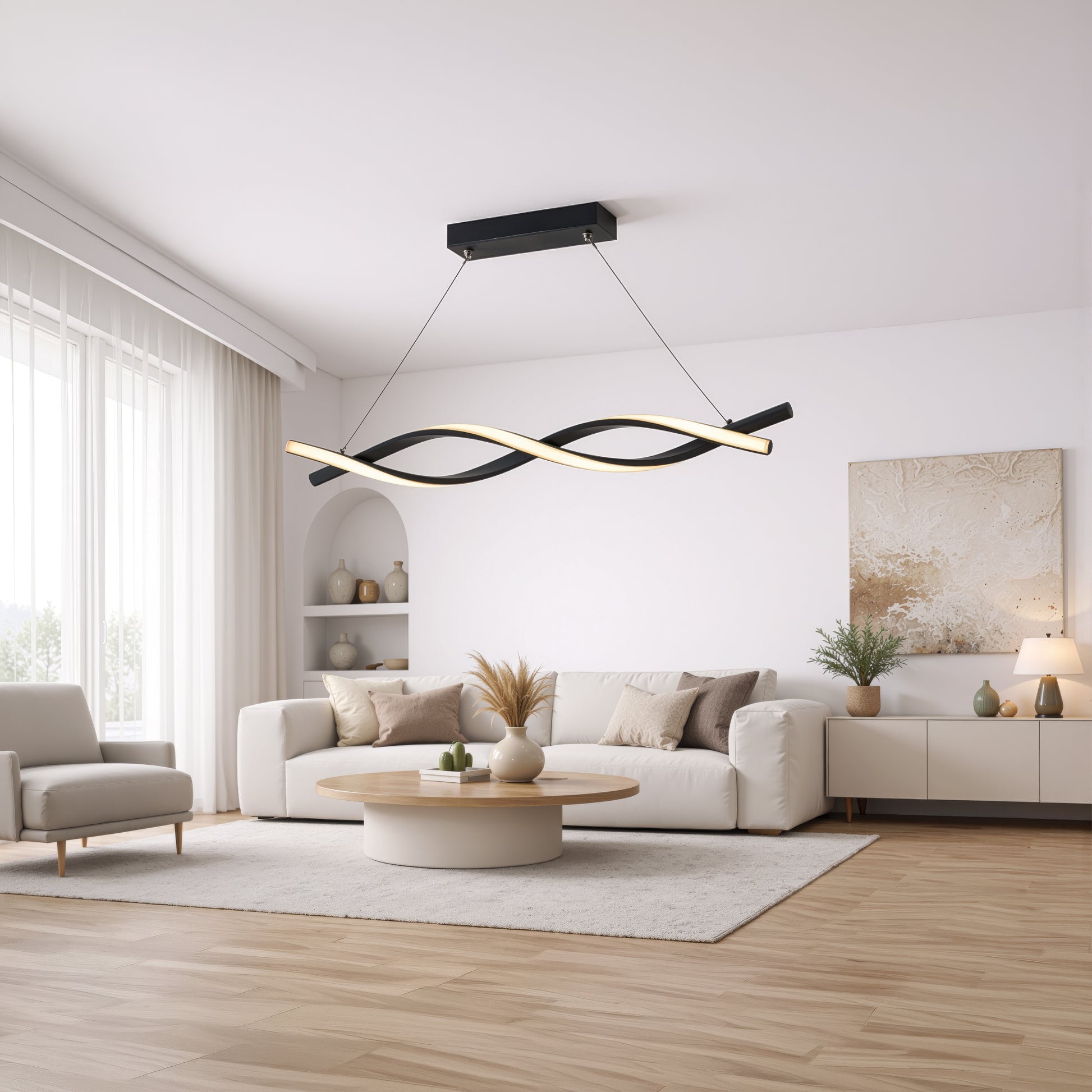 Окачен LED полилей с дистанционно управление, FLUX, 27W, 116 см, студена/топла/неутрална светлина 3000K/4000K/6000K, димируем, черен, регулируема височина, метални и силиконови модерни полилеи Заглавие по подразбиране Alessandro Design