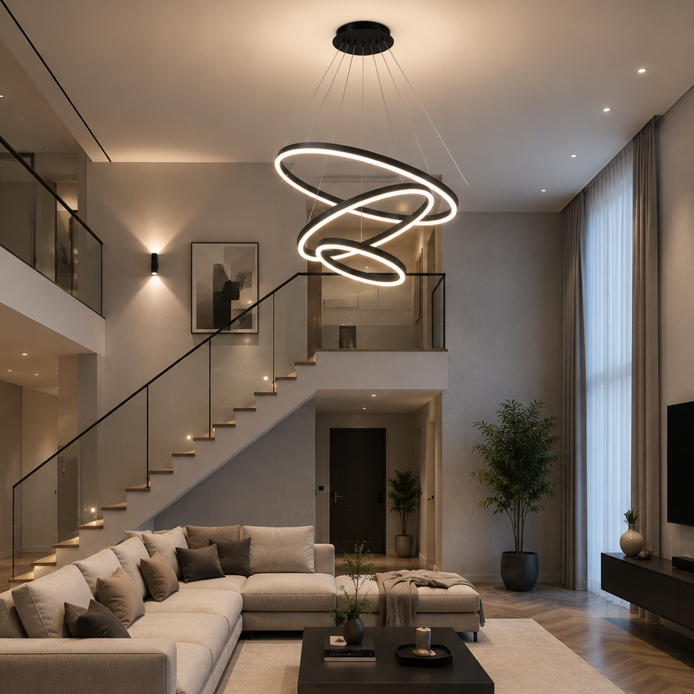 Окачен LED полилей с дистанционно управление CASIANA 85W, 3 кръга, Студена/Топла/Неутрална светлина, Димируем, Черен, Регулируема височина LED полилеи с дистанционно управление Заглавие по подразбиране Alessandro Design