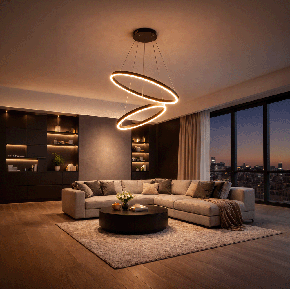 Окачен LED полилей с дистанционно управление CASIANA 40W, 2 кръга, студена/топла/неутрална светлина 3000K/4000K/6000K, димируем, черен, регулируема височина, метални и акрилни LED полилеи с дистанционно управление Заглавие по подразбиране Alessandro Design