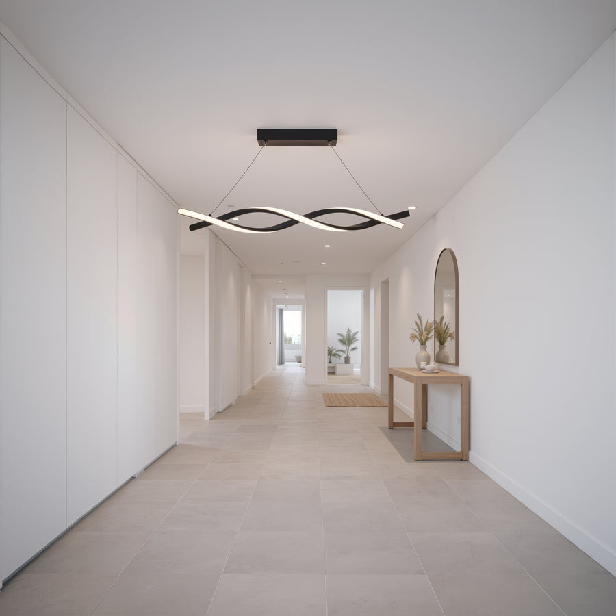 Окачен LED полилей с дистанционно управление, FLUX, 27W, 116 см, студена/топла/неутрална светлина 3000K/4000K/6000K, димируем, черен, регулируема височина, метални и силиконови модерни полилеи Заглавие по подразбиране Alessandro Design