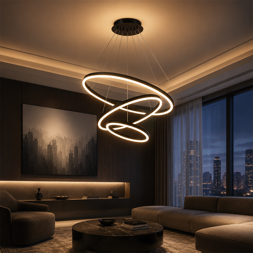 Окачен LED полилей с дистанционно управление CASIANA 85W, 3 кръга, Студена/Топла/Неутрална светлина, Димируем, Черен, Регулируема височина LED полилеи с дистанционно управление Заглавие по подразбиране Alessandro Design