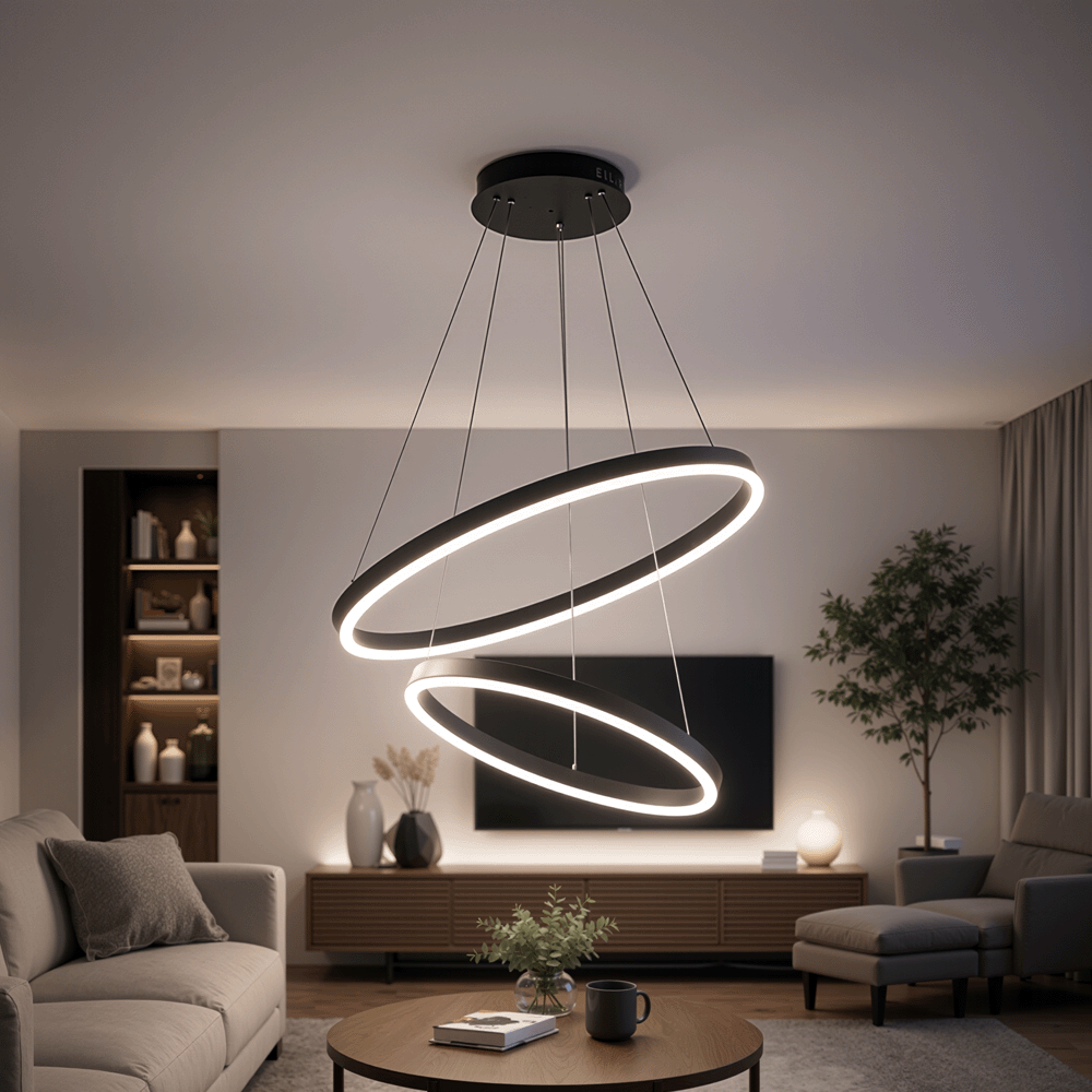 Окачен LED полилей с дистанционно управление CASIANA 40W, 2 кръга, студена/топла/неутрална светлина 3000K/4000K/6000K, димируем, черен, регулируема височина, метални и акрилни LED полилеи с дистанционно управление Заглавие по подразбиране Alessandro Design