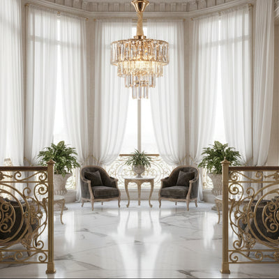 Candelabru Cristal VALMONT Petito 3xE14, D30 cm, Auriu, Inaltime Reglabila, Metal si Cristal