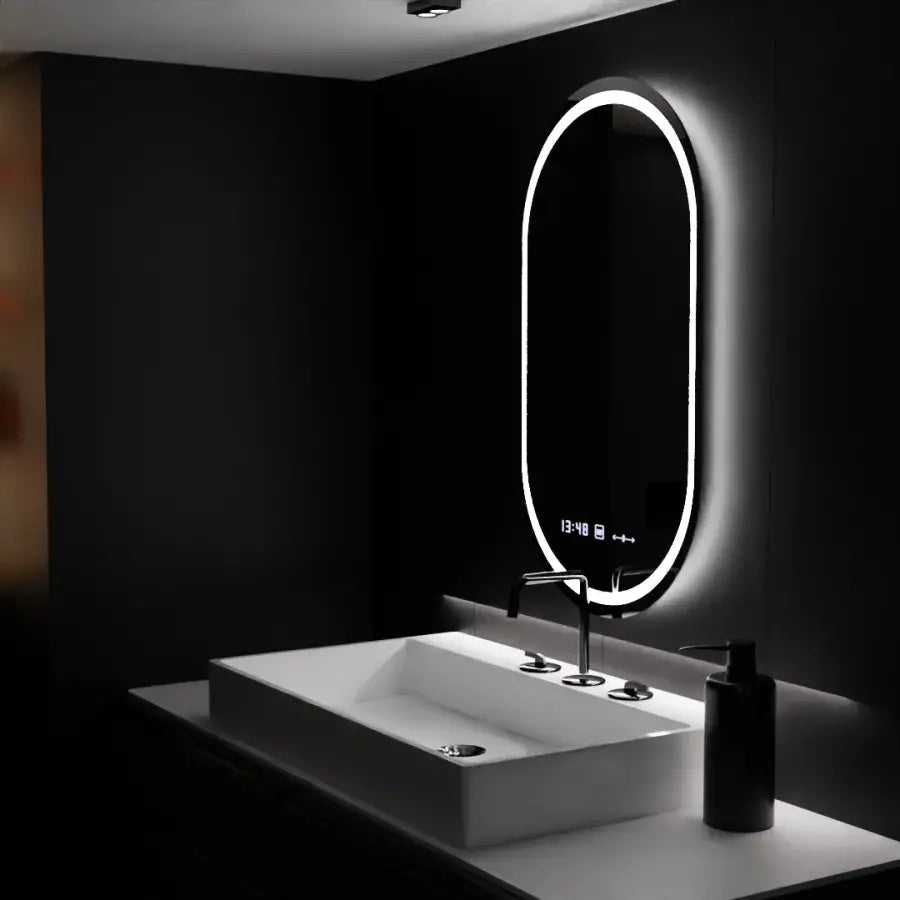 Овално LED огледало, 60x80 см, Eminence MotionGlow Marcello, система за обезпотяване, часовник и термометър, димируеми огледала Marcello Заглавие по подразбиране Alessandro Design