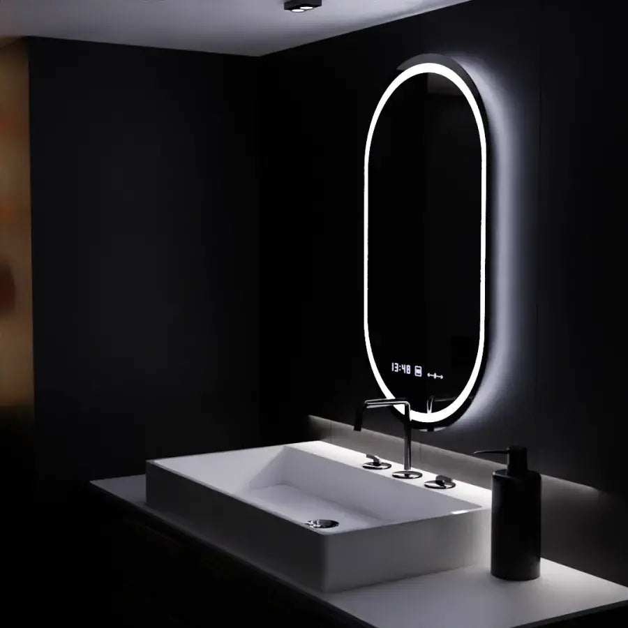 Овално LED огледало, 60x80 см, Eminence MotionGlow Marcello, система за обезпотяване, часовник и термометър, димируеми огледала Marcello Заглавие по подразбиране Alessandro Design