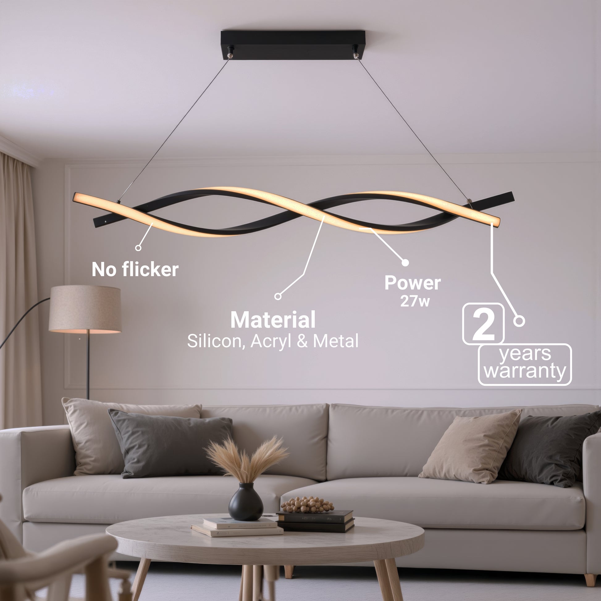 Окачен LED полилей с дистанционно управление, FLUX, 27W, 116 см, студена/топла/неутрална светлина 3000K/4000K/6000K, димируем, черен, регулируема височина, метални и силиконови модерни полилеи Заглавие по подразбиране Alessandro Design