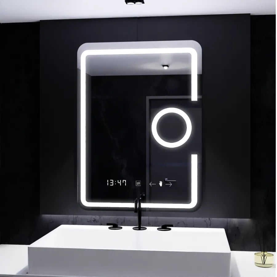 Правоъгълно LED огледало, 60x80 см, Eclat MotionGlow Marcello, часовник и термометър, система против запотяване, козметична лупа, огледала Dimabila Marcello Заглавие по подразбиране Alessandro Design