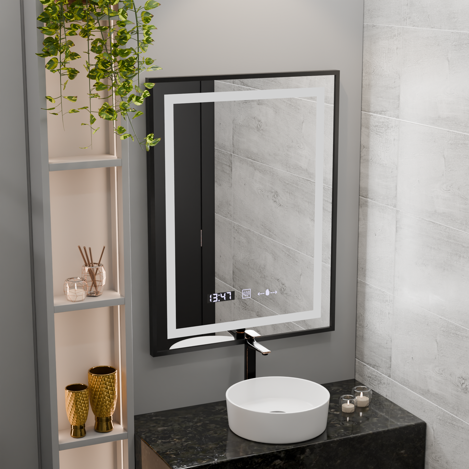 Правоъгълно LED огледало, 50x70 см, Verite Majeste Noir Motion Glow Marcello, система за обезпотяване, часовник и термометър, димируеми огледала Marcello Заглавие по подразбиране Alessandro Design