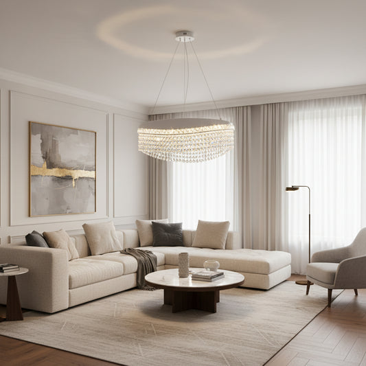 Candelabru Cristal VOLNA Eleganza, 102W, D50cm, Lumina Calda/Neutra/Rece, Alb, Metal si Cristal