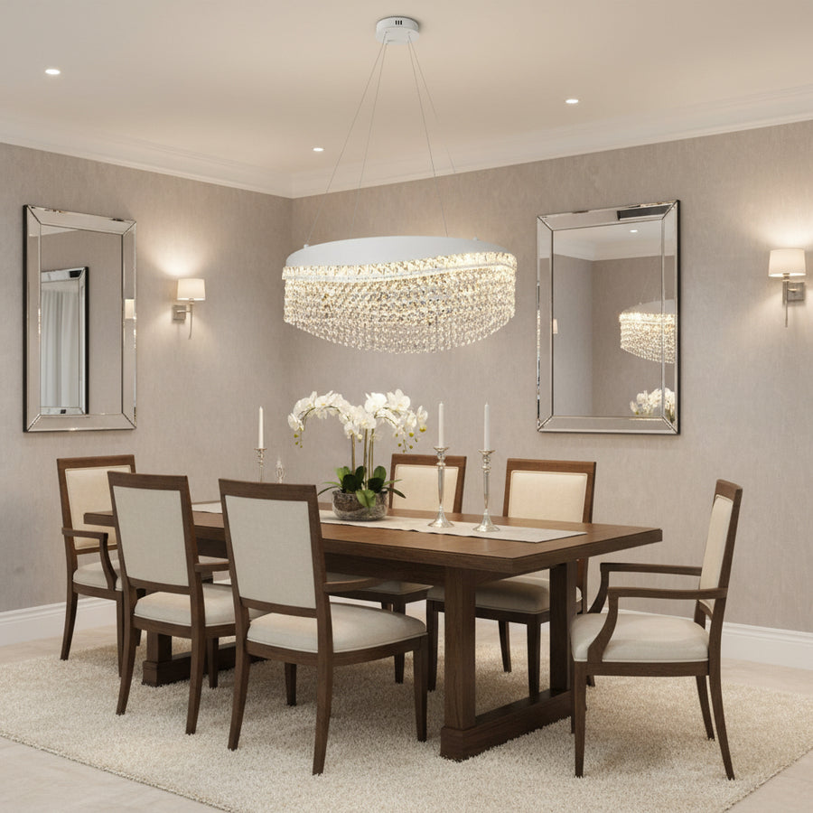 Candelabru Cristal VOLNA Eleganza, 102W, D50cm, Lumina Calda/Neutra/Rece, Alb, Metal si Cristal