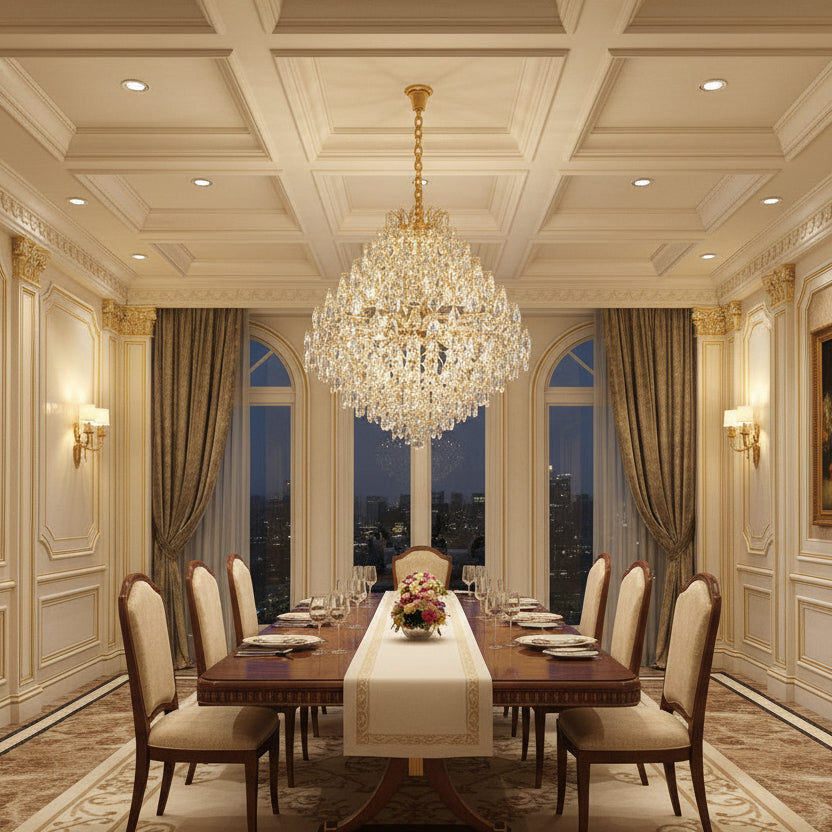 Candelabru Cristal KONIG Supremo, 24xE14, D100 cm, Auriu, Inaltime Reglabila, Metal si Cristal