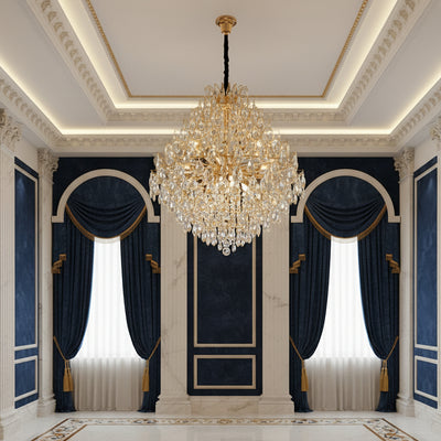 Candelabru Cristal KONIG Supremo, 24xE14, D100 cm, Auriu, Inaltime Reglabila, Metal si Cristal