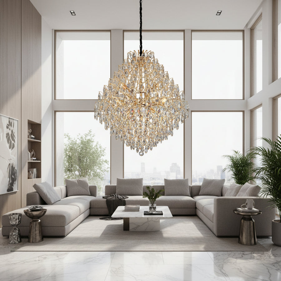 Candelabru Cristal KONIG Regalis, 15xE14, D80 cm, Auriu, Inaltime Reglabila, Metal si Cristal