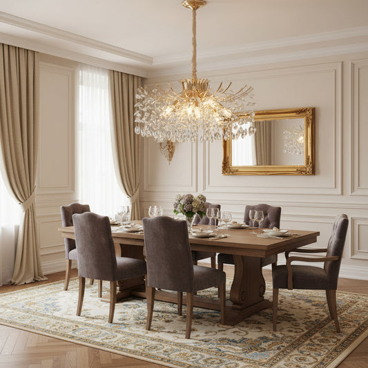 Candelabru Cristal PROWES Regalis, 14xE14, D80 cm, Auriu, Inaltime Reglabila, Metal si Cristal