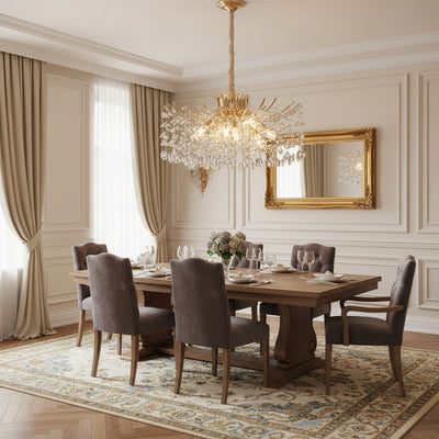 Candelabru Cristal PROWES Regalis, 14xE14, D80 cm, Auriu, Inaltime Reglabila, Metal si Cristal