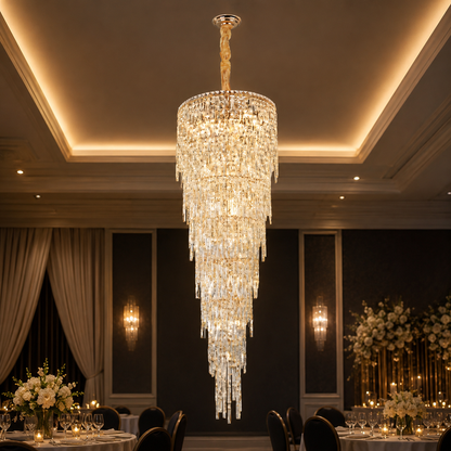 Candelabru Cristal COLLOSEUM, 100xE14, Diametru 100cm, Inaltime Reglabila, Metal si Cristal, Auriu