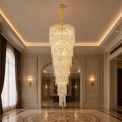 Candelabru Cristal COLLOSEUM, 100xE14, Diametru 100cm, Inaltime Reglabila, Metal si Cristal, Auriu