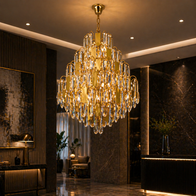 Candelabru Cristal TIER Nobile 8xE14, D40 cm, Auriu, Inaltime Reglabila, Metal si Cristal