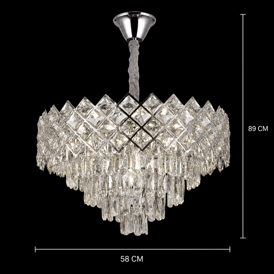 Candelabru Cristal VECTORIA Magno 8xE14, Diametru 58cm, Crom Lucios, Inaltime Reglabila, Metal si Cristal