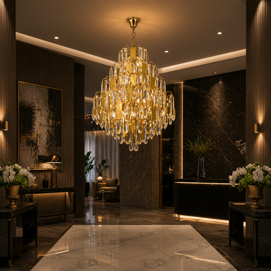Candelabru Cristal TIER Magno 13xE14, D60 cm, Auriu, Inaltime Reglabila, Metal si Cristal Candelabre Cristal Default Title Alessandro Design