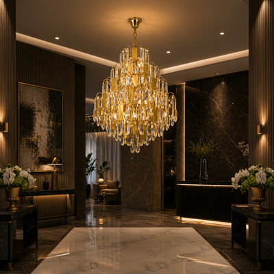 Candelabru Cristal TIER Magno 13xE14, D60 cm, Auriu, Inaltime Reglabila, Metal si Cristal