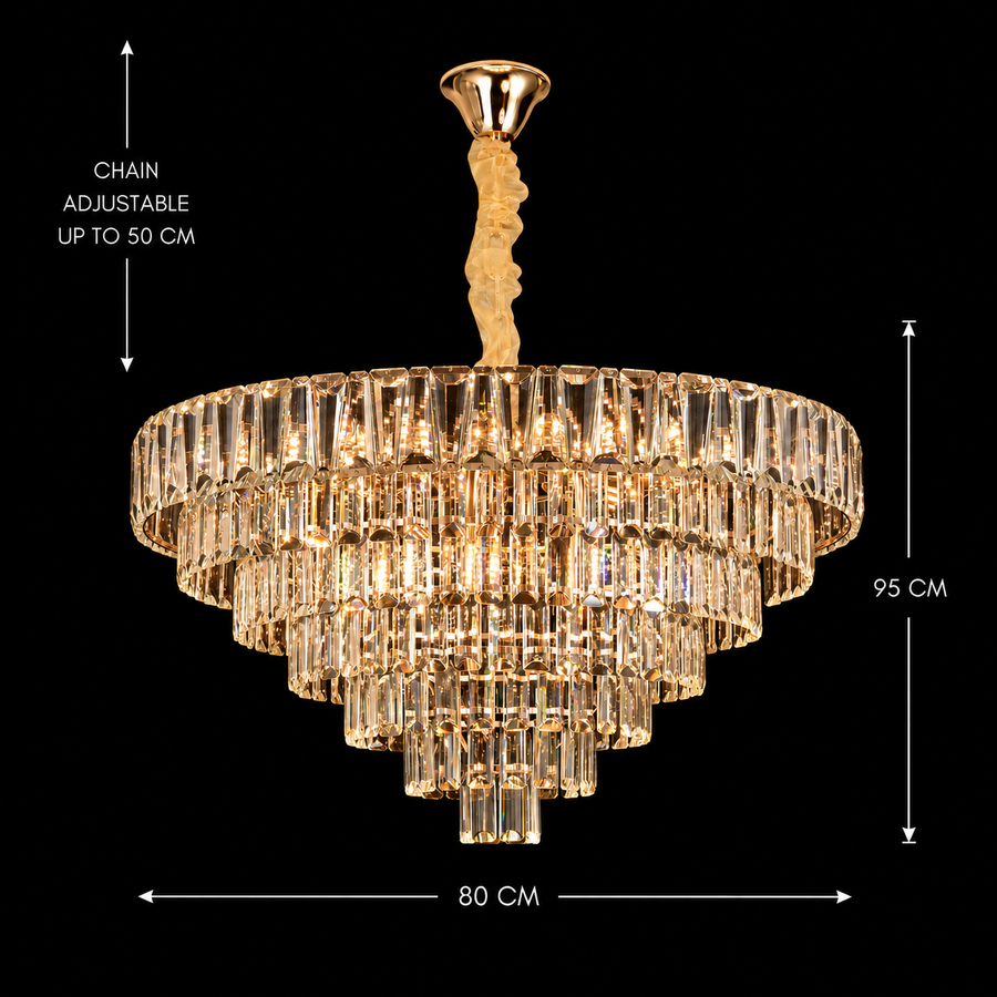 Candelabru Cristal VALMONT Regalis 15xE14, D80 cm, Auriu, Inaltime Reglabila, Metal si Cristal