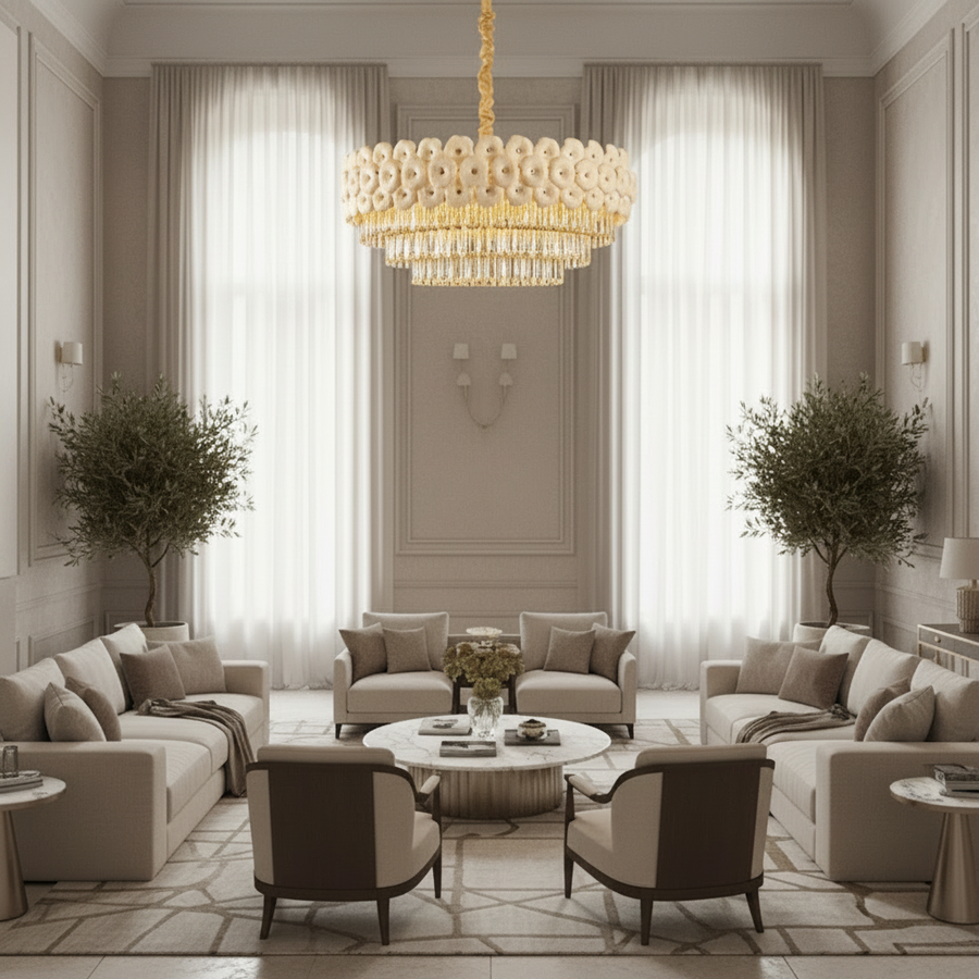 Candelabru Cristal PETAL Regalis 15xE14, D80 cm, Auriu, Inaltime Reglabila, Metal si Cristal