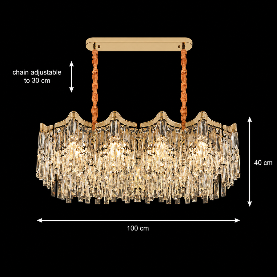 Candelabru Cristal VETRA Supremo 15xE14, 100x35 cm, Auriu, Inaltime Reglabila, Metal si Cristal