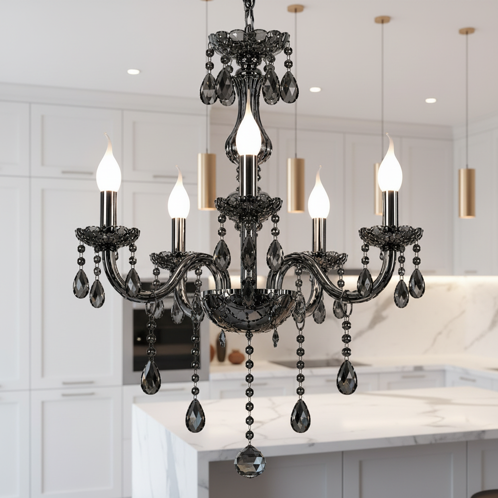 Кристален полилей ALNWICK Eleganza, 5xE14, диаметър 48 см, черен, регулируема височина Класически полилеи Заглавие по подразбиране Alessandro Design