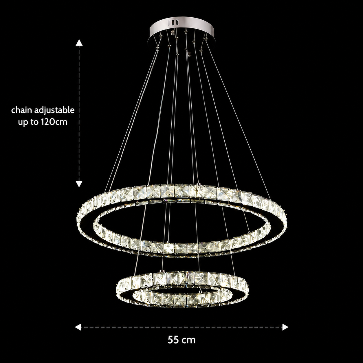 LED полилей с дистанционно управление и кристал PRISM LUMINIS 58W, 2 кръга, студена/топла/неутрална светлина, димиране, хром и бяло, регулируема височина LED полилеи с дистанционно управление Заглавие по подразбиране Alessandro Design