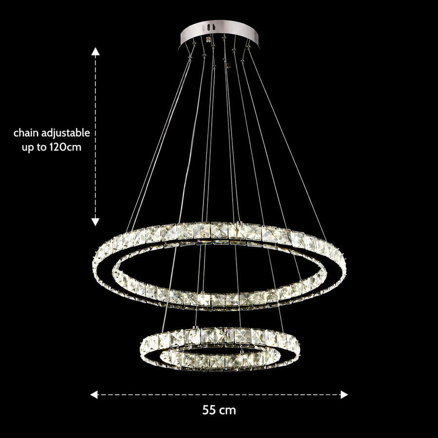 LED полилей с дистанционно управление и кристал PRISM LUMINIS 58W, 2 кръга, студена/топла/неутрална светлина, димиране, хром и бяло, регулируема височина LED полилеи с дистанционно управление Заглавие по подразбиране Alessandro Design