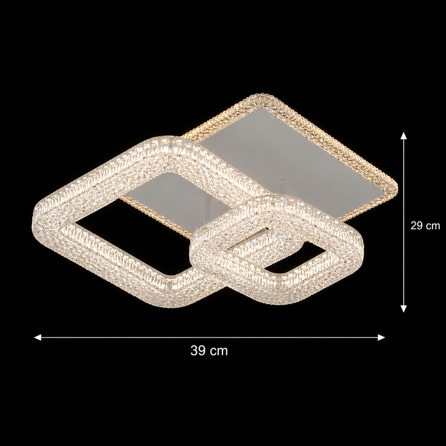 Lustra LED RENATO Petito cu telecomanda si cristal,  13W, 2 Patrate, Lumina Rece/Calda/Neutra, Dimabila, Alb