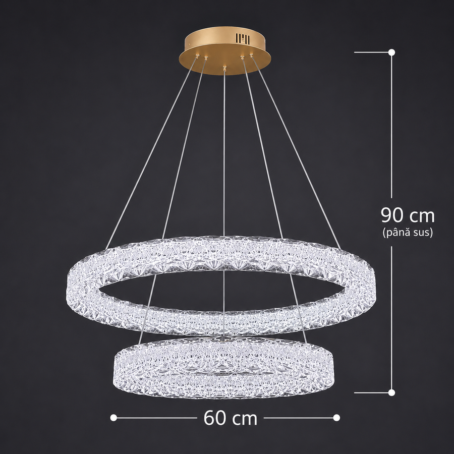 Lustra LED Cristal VENTANA cu telecomanda, 25W, Lumina Calda/Neutra/Rece, Φ39 cm, Inaltime Reglabila, Metal si Cristal, Auriu