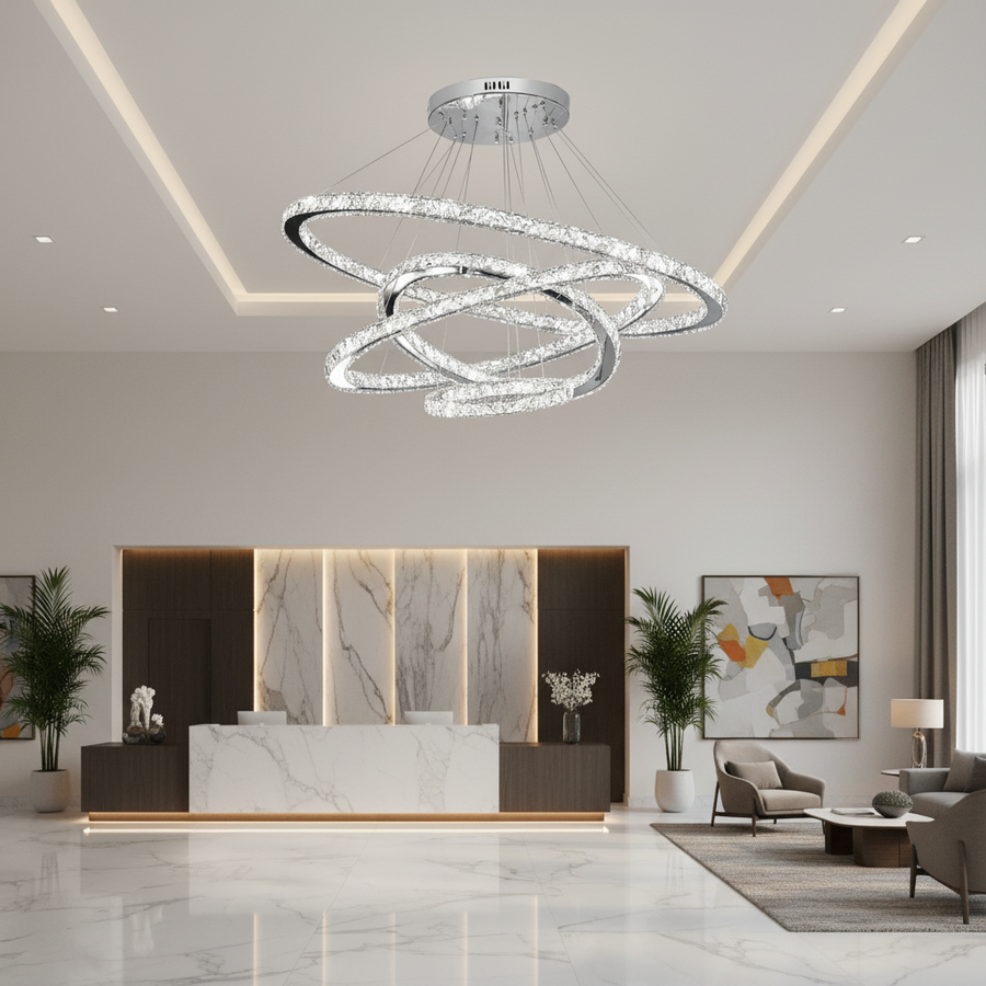 LED полилей с дистанционно управление PRISM Luminis, кристал и метал, 210 W, 4 кръга, възможност за димиране, студена/топла/неутрална светлина, луксозно осветление