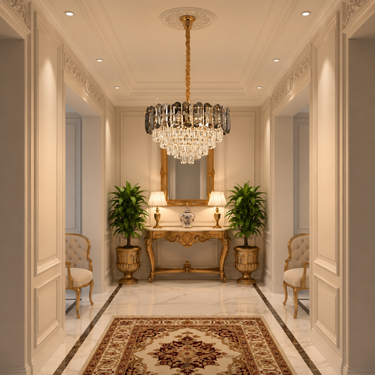 Candelabru Cristal AURUM Petito 3xE14, Diametru 30cm, Inaltime 28cm, Auriu Lucios, Inaltime Reglabila, Design Elegant