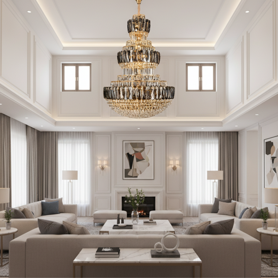 Candelabru Cristal VELIOR Supremo 40xE14, D100 cm, Auriu, Inaltime Reglabila, Metal si Cristal