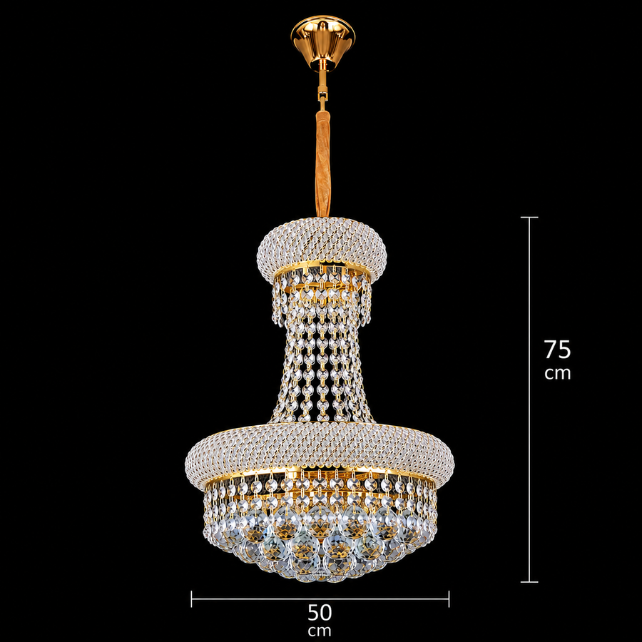 Candelabru Cristal NUVOLA Elegenza, 12xE14, D50 cm, Auriu, Inaltime Reglabila, Metal si Cristal
