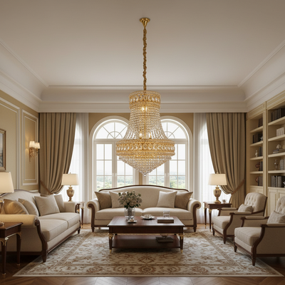 Candelabru Cristal EMPIRE Eleganza 10xE14, D50 cm, Auriu, Inaltime Reglabila, Metal si Cristal