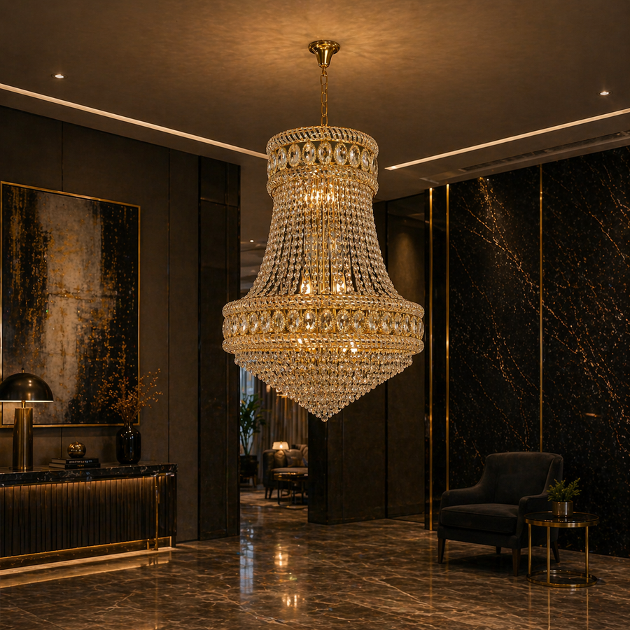 Candelabru Cristal EMPIRE Eleganza 10xE14, D50 cm, Auriu, Inaltime Reglabila, Metal si Cristal Candelabre Cristal Default Title Alessandro Design