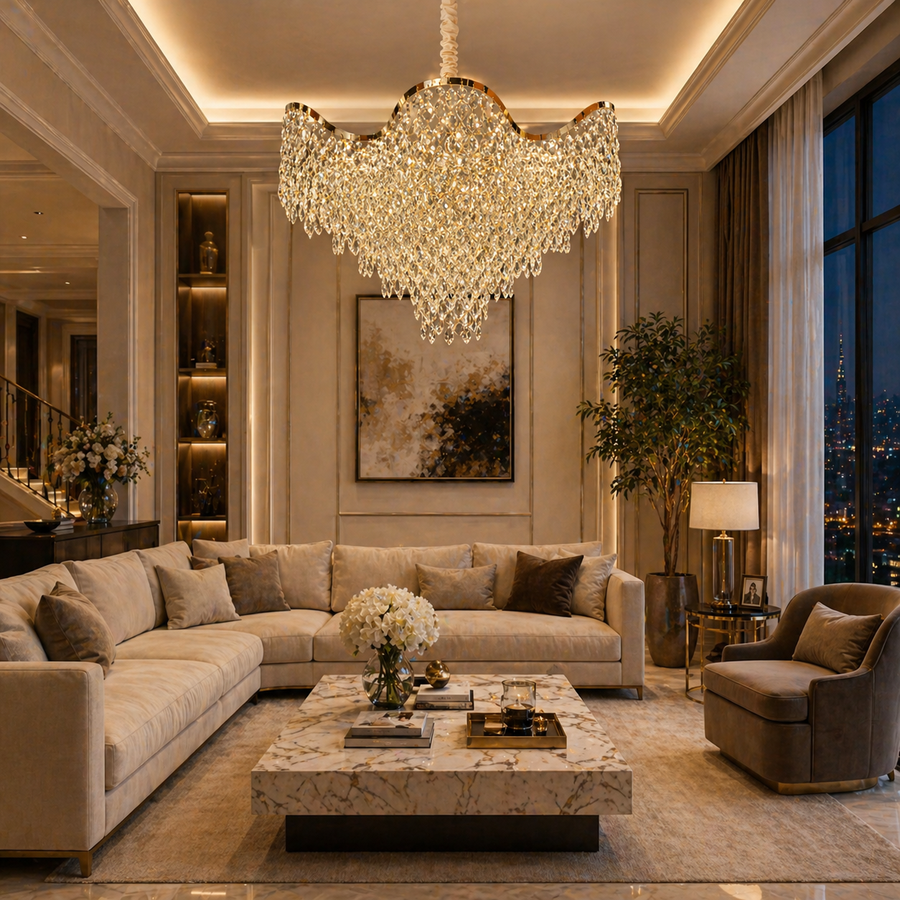 Candelabru Cristal VELOURA Supremo 28xE14, D100 cm, Auriu, Inaltime Reglabila, Metal si Cristal Candelabre Cristal Default Title Alessandro Design