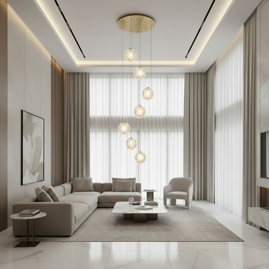 Candelabru Cristal MILLE, 7xG9 , Diametru 60cm x Inaltime 340cm, Cristal si Metal, Auriu