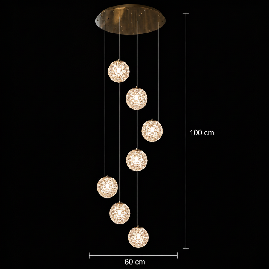 Candelabru Cristal MILLE, 7xG9 , Diametru 60cm x Inaltime 340cm, Cristal si Metal, Auriu