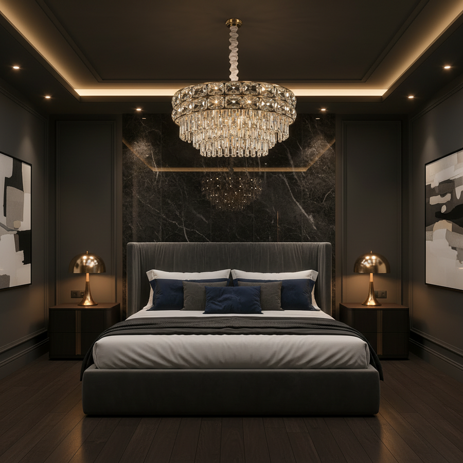 Candelabru Cristal LUCENT Nobile 4xE14, D40 cm, Auriu, Inaltime Reglabila, Metal si Cristal