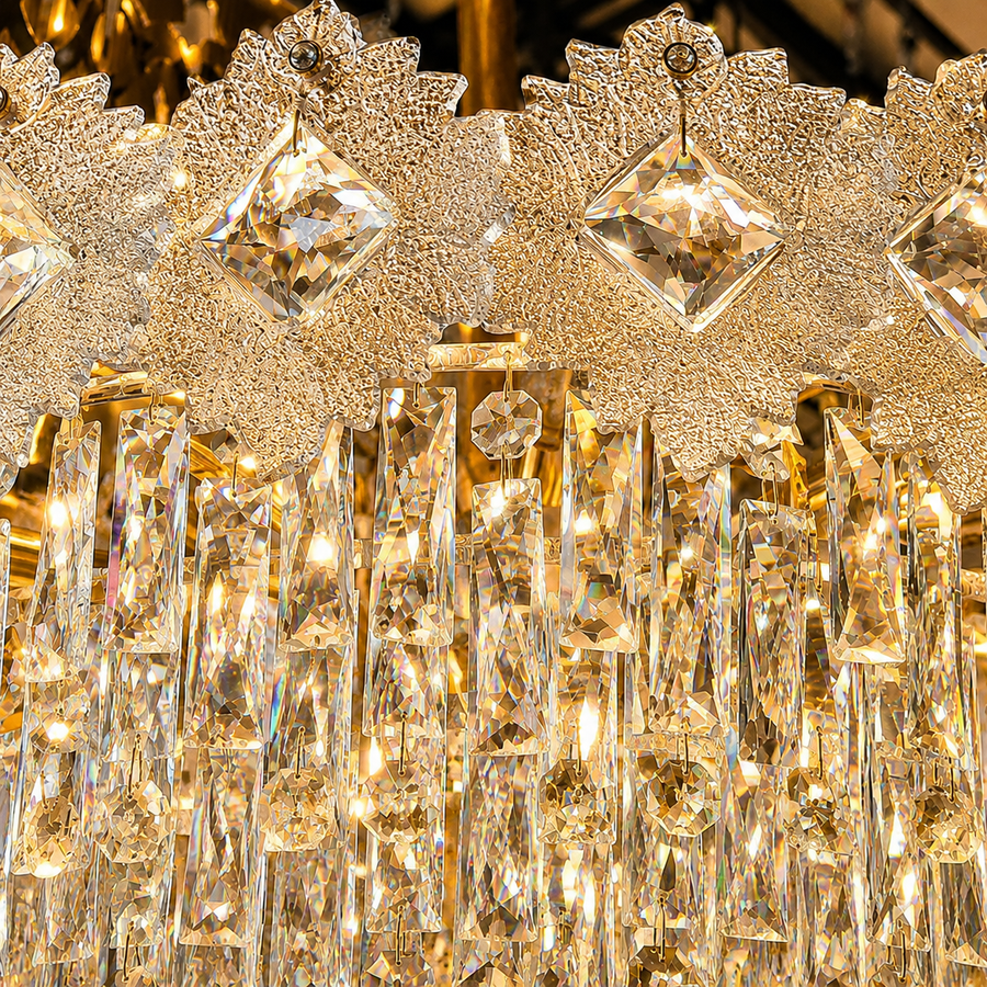 Candelabru Cristal FLEUR Magno 12xE14, Diametru 60cm, Inaltime 45cm, Auriu Lucios, Inaltime Reglabila, Design Elegant